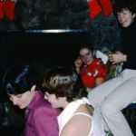 Co-op Xmas Party, 1981 (L-R: Terry Satterfield, Brenda Wall, Barb Turner, Carrie Frechette)